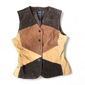 90s Western Boho Patchwork Real Leather Suede Brown Black Vest Ranch Rodeo Biker